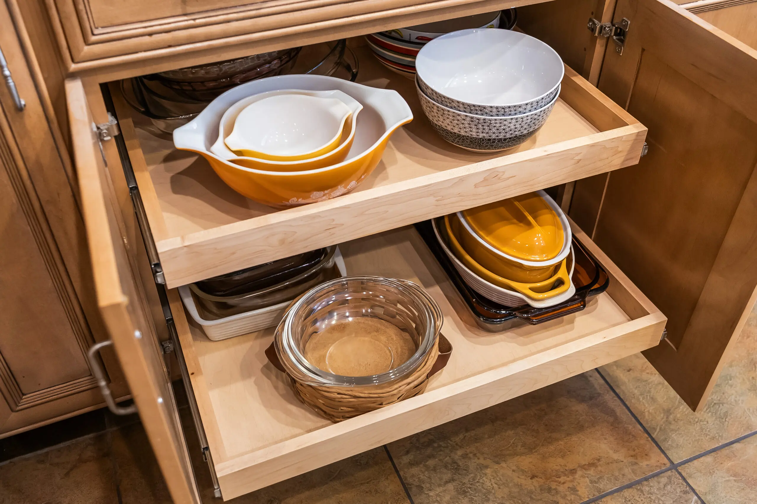 Kitchen cabinet with stacked dishes