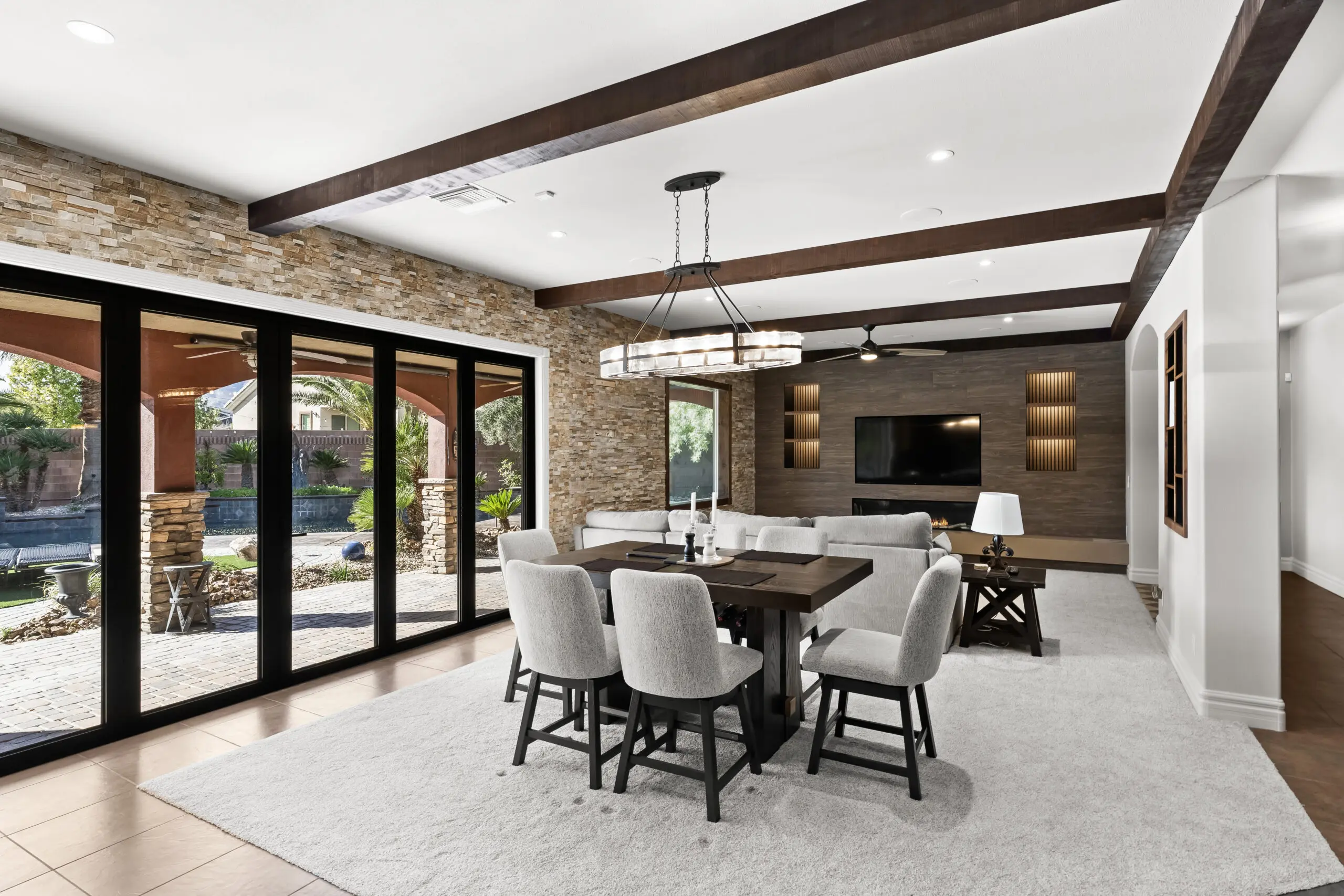Modern dining room with large windows