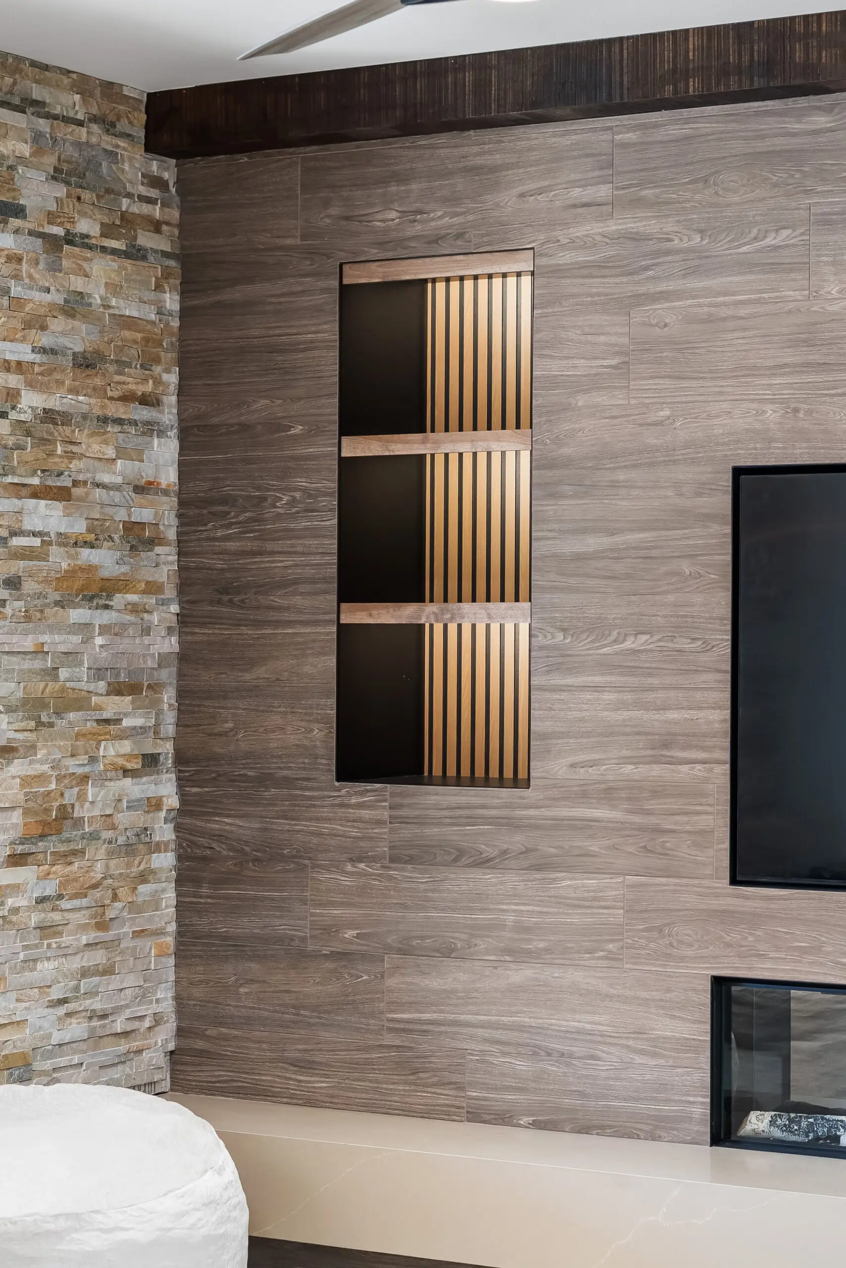 Modern living room with wood accents