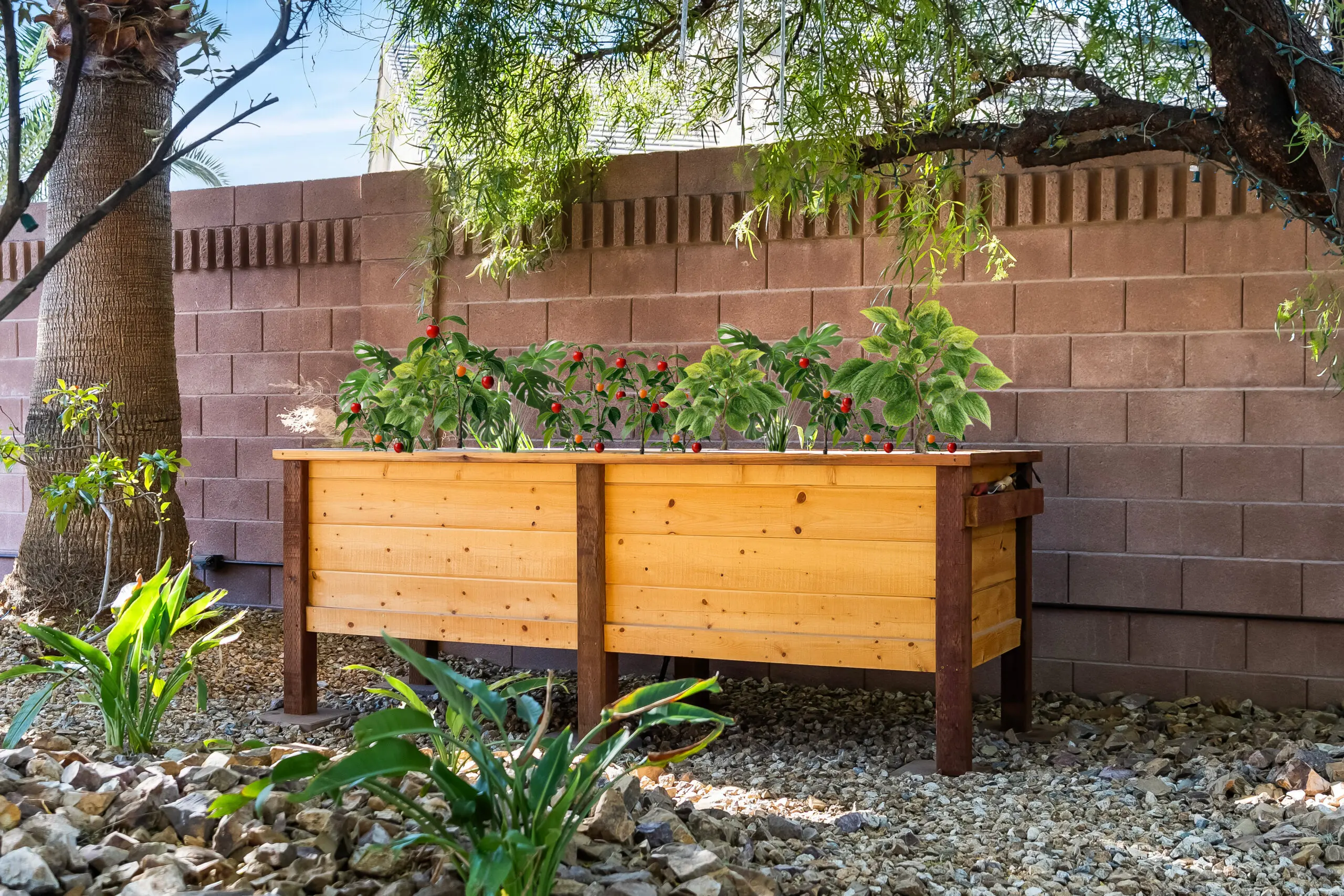 Backyard wooden planter with greenery