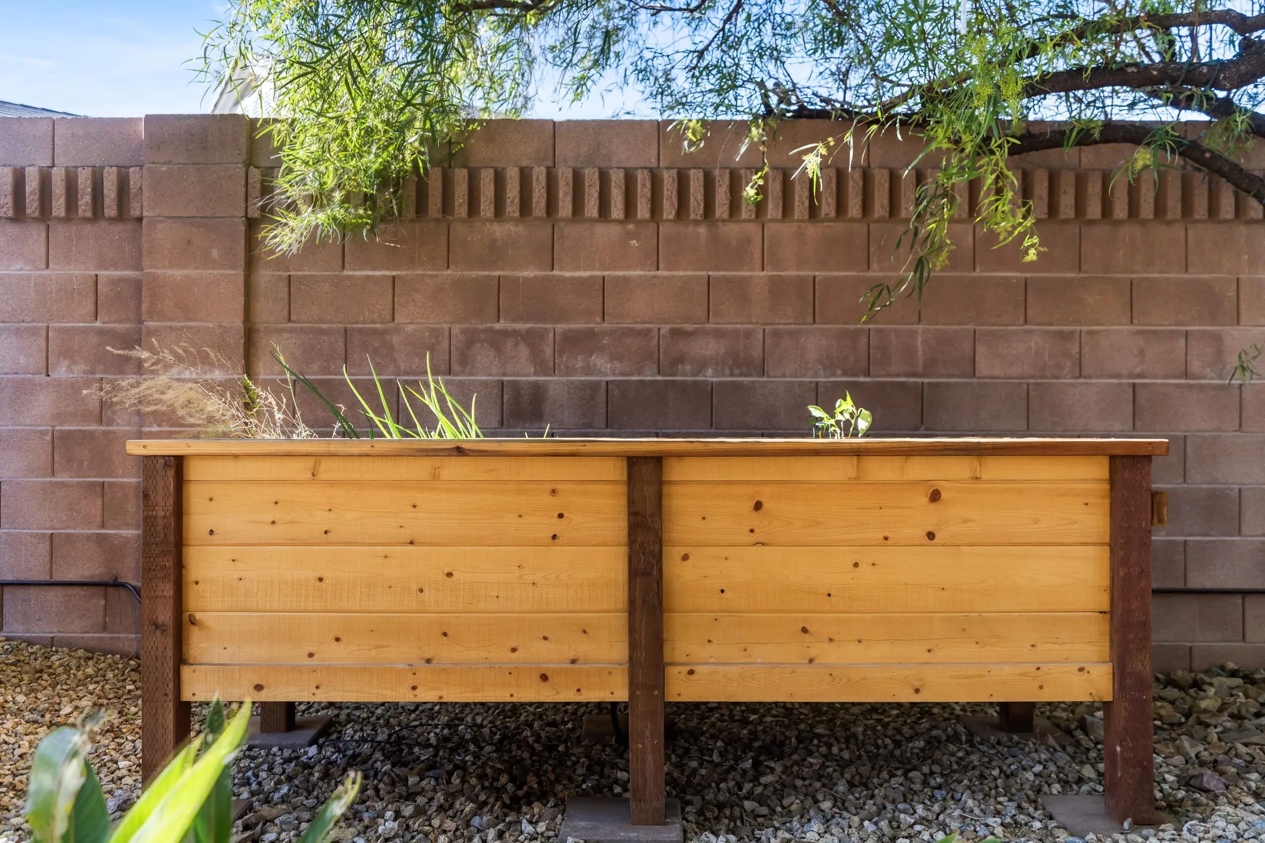 Backyard planter box against brick wall