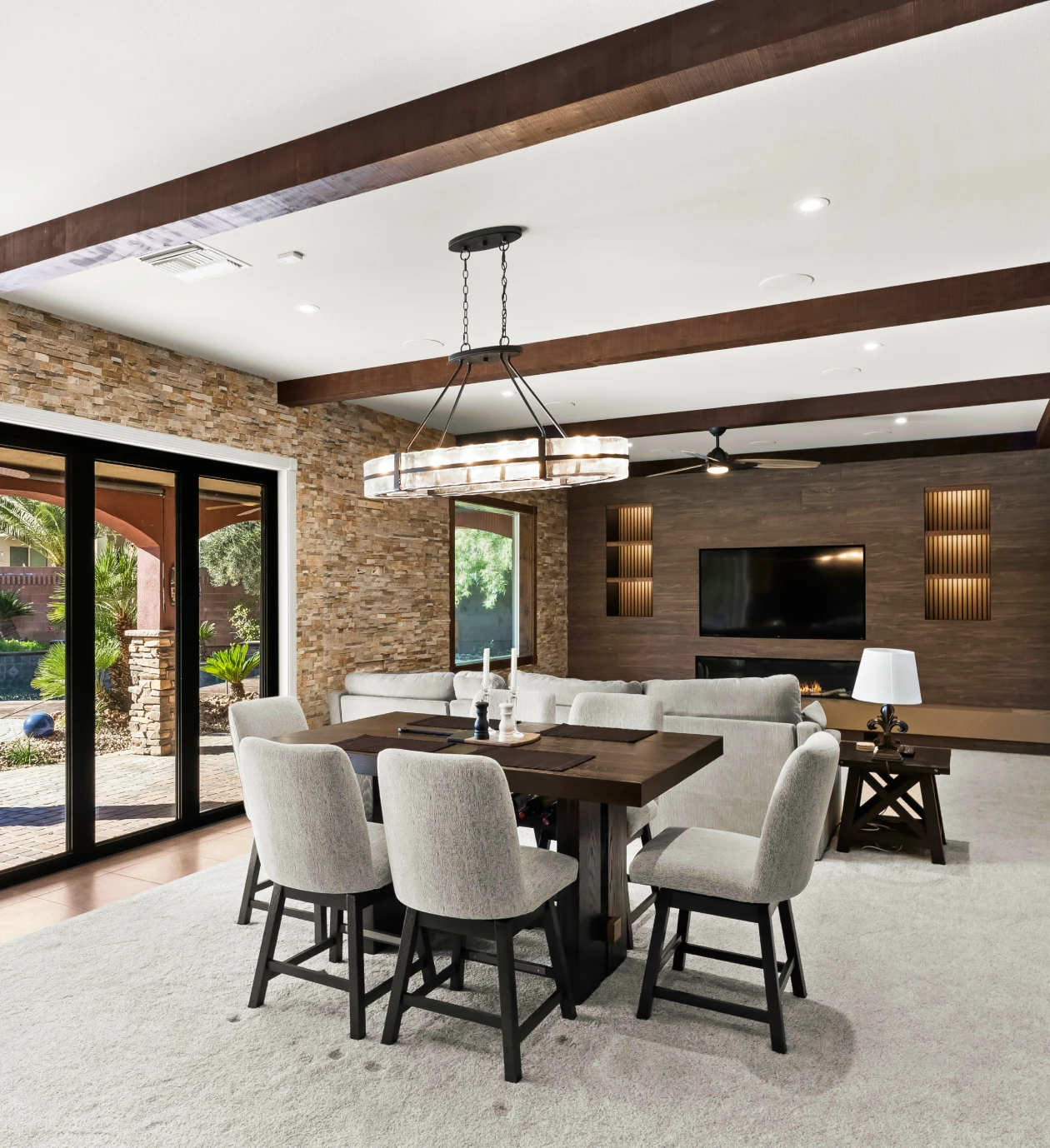 Modern living room with dining table